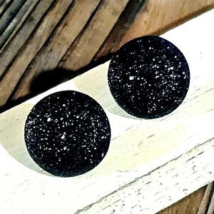 Retro 80s Club Glam Disco Sparkly Jet Black Fabric Button Earrings